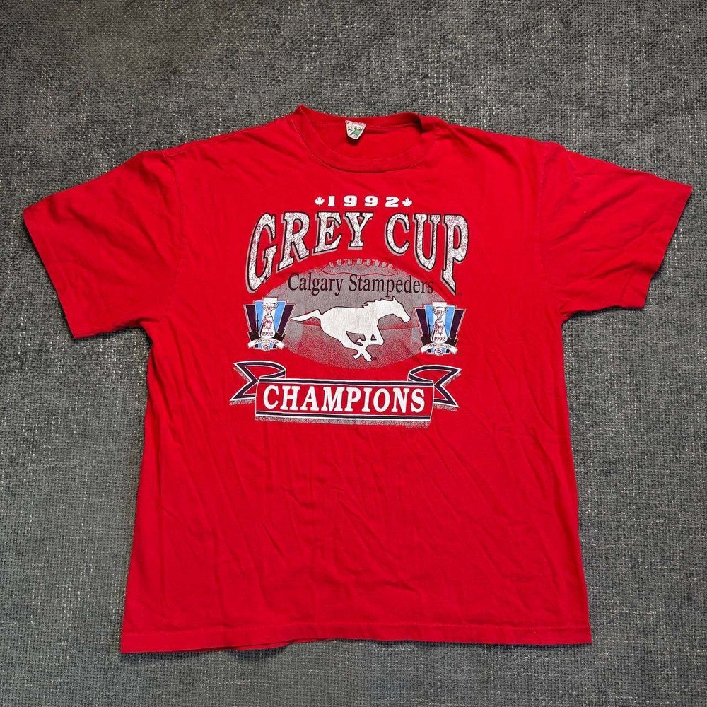 Vintage 1992 Grey Cup Calgary Stampeders Mens XL Red Champions T-Shirt CFL